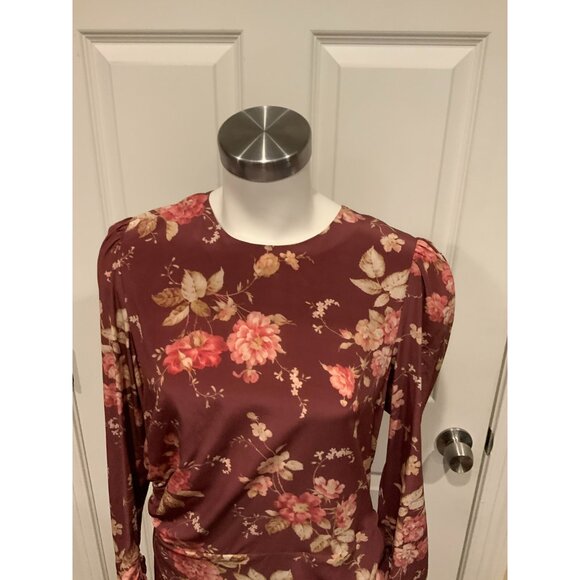 ZIMMERMANN Unbridled Floral Print Crepe Ruched Draped Long Sleeve Dress, Size 3 - Picture 3 of 8